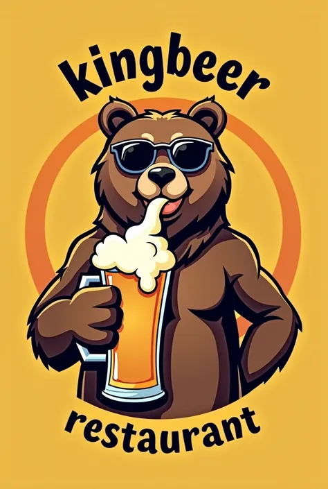 Design a warm-toned background, using shades like golden yellow or pastel yellow.
At the center of the logo, place a large, masculine yet friendly bear figure.
The bear should have a modern stylization with clean, bold lines.
The bear wears round, trendy s...