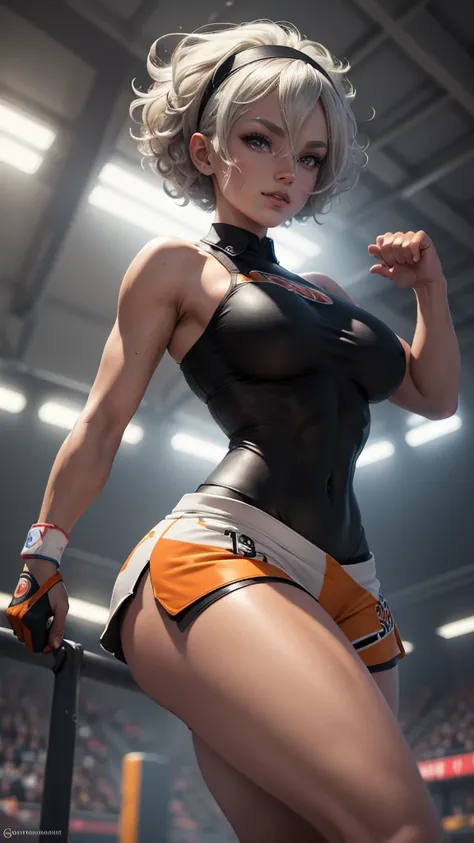 Bea da pokemon,(best qualityer,4K,8k,high resolution, work of art:1.2)(weather: windy), sport stadium background, short curly hair, gray hair, cropped shirt, micro shorts, thigh high stockings, headband, gloves, leotard, ultra detailed, realistic, beautifu...