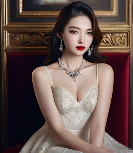 (a beautiful detailed young woman with long slender legs, a delicate and gentle demeanor, imperial sister queen-like temperament, white porcelain skin, perfect facial features, bright captivating eyes, red full lips, soft shiny long hair, wearing a sheer l...