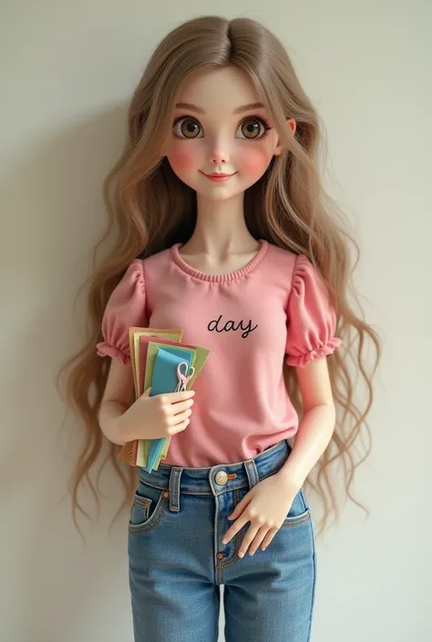 Doll woman with long light brown hair, skin fair, Grinning, brown eyes with a pink blouse with the word Day written on it and jeans holding colored papers in the right hand and small pink scissors in the left hand