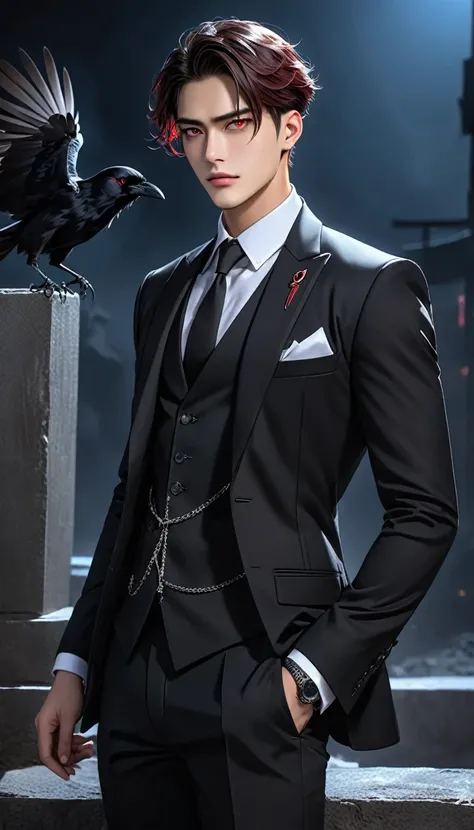 Masterpiece, 8k, HDR, best quality, ultra-detailed, aesthetic, dark vibes, man about twenty years old, handsome, his ruby-red eyes glowed, sharp gaze, tall, standing cool, side angle, close-up, wearing vest and black suit, the chain attribute on his suit a...