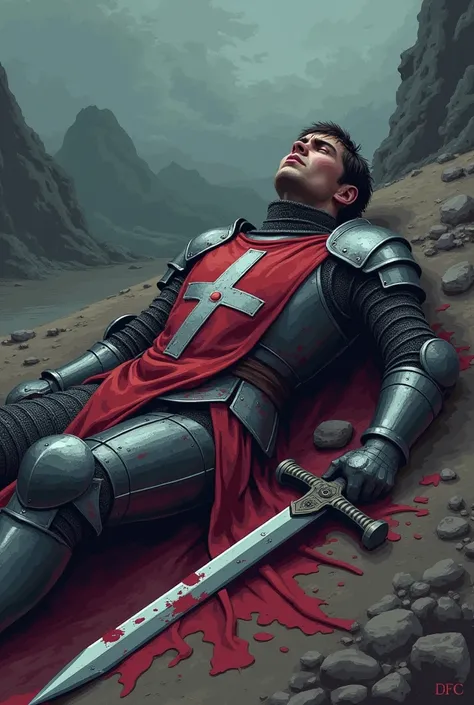 A medieval knight lying on the ground bleeding With a sword stuck in his chest, give it a 12-bit drawing style 