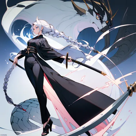 tall woman, Black blue kimono suit with a high collar that has an eye and swirl symbol, loose pants , blue eyes, White hair, long white eyelashes, turtle neck(( 12cm heels)) tall black, Curvy body, dark round cravings, Long hair, with braids, ((naginata we...