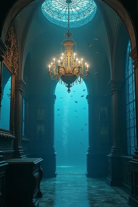 Underwater Gothic architecture Chandelier Black and blue atmosphere Fish Bubbles、House in the sea、The windows are big and fish are swimming outside、mirror、Decorative Picture Frame、The ceiling has a black iron lattice.、corridor、とても長く続くcorridor、One wall has ...