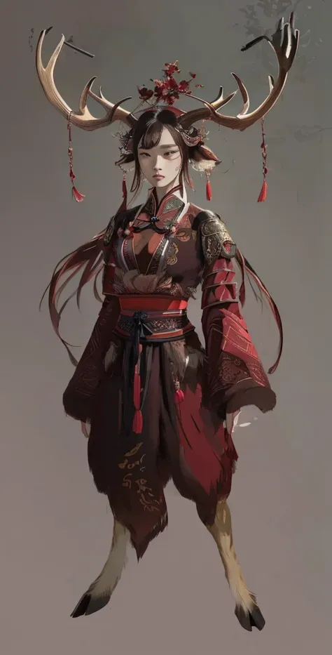 a woman in a red and black outfit with deer legs and elk antlers on her head , beautiful character painting, by yang j, epic exq...