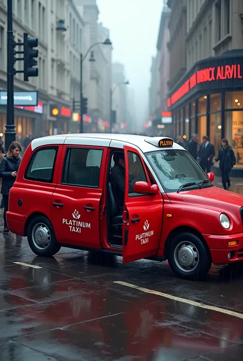 Modern red taxi with white roof on the doors says platinum taxi loading people and loading suitcases 3n the trunk, outside a Liverpool shopping mall in the rain