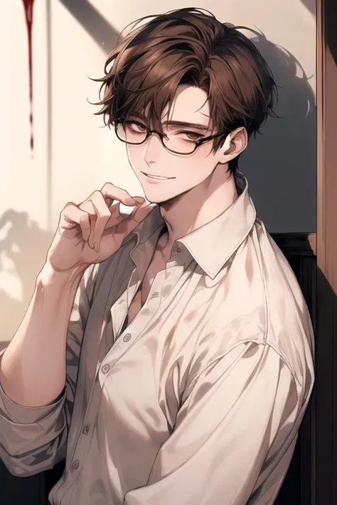 (Masterpiece), (Best Quality), Very detailed, ((a pale guy )), Perfect Face, Beautiful Face, Very detail, (short brown-haired man), (brown eyes), (harems)、white shirt, wear glasses, stunning, blood stained, cold expression, open shirt, cold smile, shadow