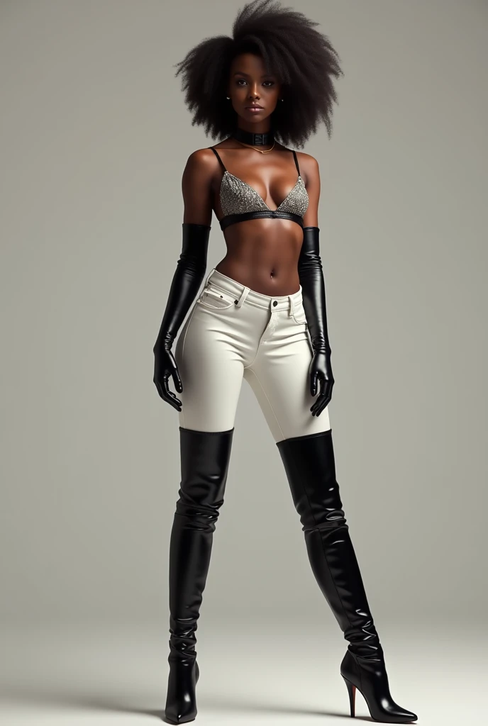 Black woman, black thigh high boots, long gloves, white pants, bra