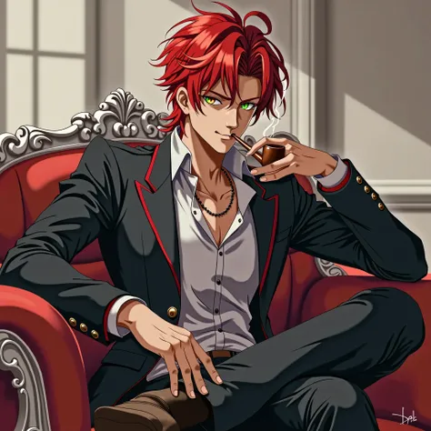 A anime guy dressing fine wanderer clothes, with red hair and rainbow colored eyes, smokipng a pipe, sarcastic smile with the foot above the table