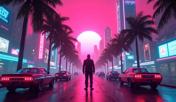 Vice City GTA, pink sky background with palm tree