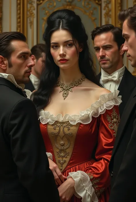 a woman with long black hair in the 19th century, looking down on you while talking to men 