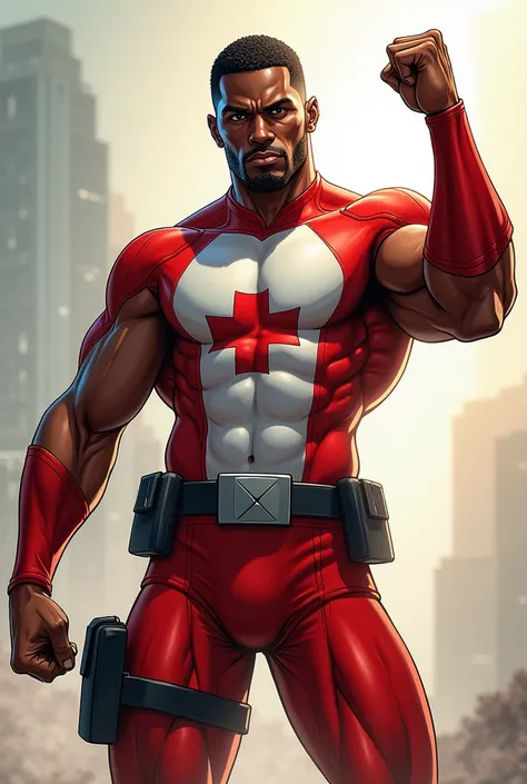 dan mora comic book illustration, hard lines, soft light, sexy African male in paramedic themed white and red spandex, red cross on chest
