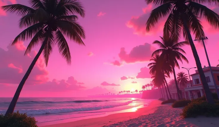 Vice City GTA, pink sky background with palm trees and a beach