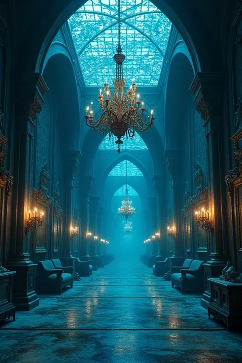 gothic architecture chandelier black and blue atmosphere fish bubbles、House in the sea、The windows are big and fish are swimming outside、mirror、Decorative Picture Frame、The ceiling has a black iron lattice.、corridor、とても長く続くcorridor、One wall has a window th...