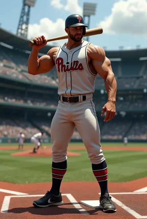 A handsome baseball player with a very muscular body standing at home plate with the bat raised on his shoulder in a batting stance facing the pitcher, tight-fitting uniform, big bulge, right leg semi-bent in front of the left leg, baseball stadium backgro...