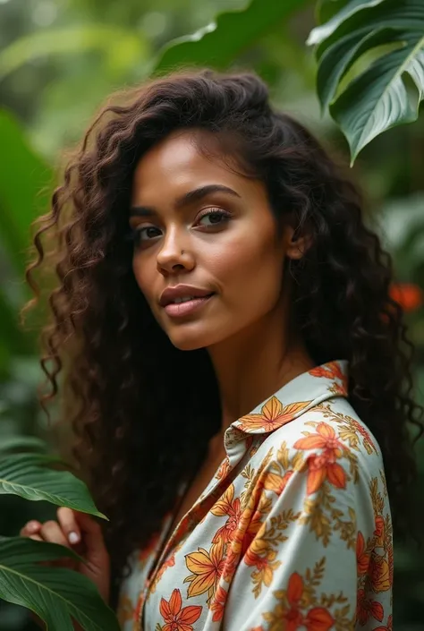 A Brazilian woman in a lush tropical garden, wearing an open shirt with a floral print, with a close-up capturing the harmonious beauty between her breasts and the natural flowers, showing off your natural charm and outgoing personality.