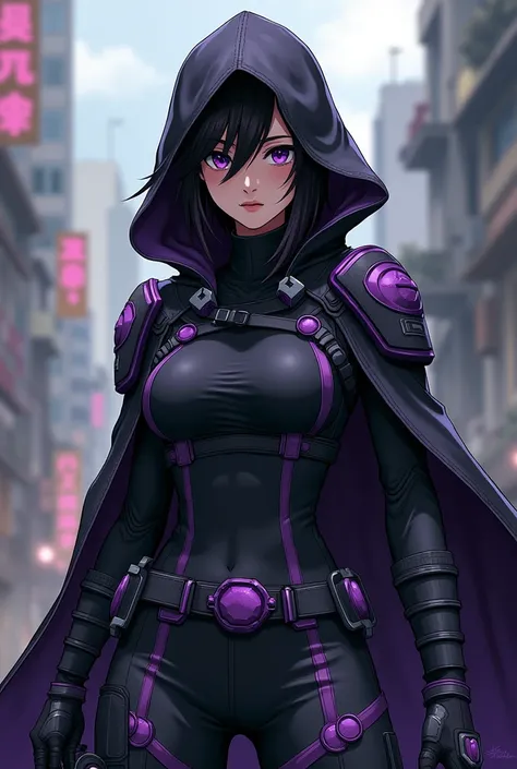 My Hero Academia, Girl, black suit, purple components on the suit, ninja-like, items for close combat on the suit, Heldenkostüm, hooded cloak, Not so sexy