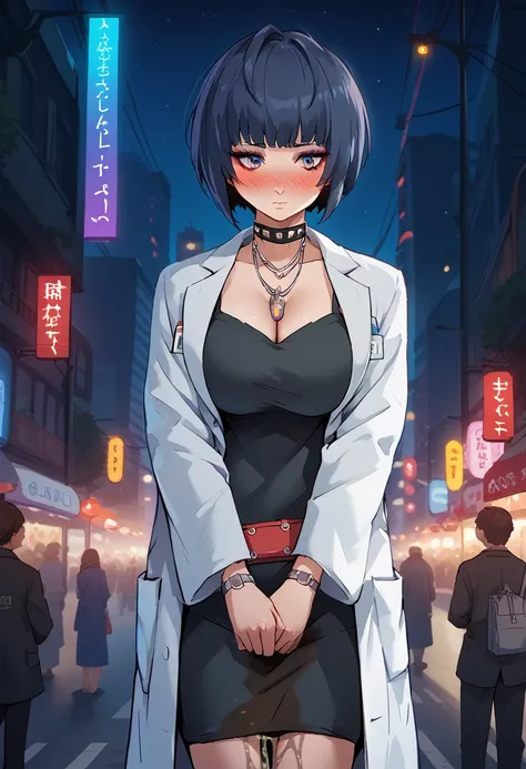 1girl, woman, takemip5, short hair, black hair, blue hair, labcoat, black dress, belt, choker, necklace, cleavage, makeup, eyeli...