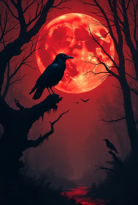  dark forest theme, with crows flying and a crow appearing in front of the full moon, Red background and the crow resting on a tree branch, that the crow is in front of the full moon, using perspective 