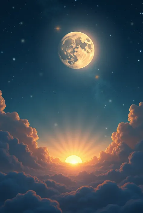 The moon shines with a soft, silver light, Bathing the Earth in its comforting light. In a corner of the sky, The Sun is radiant, Illuminating the world with its golden splendor.
