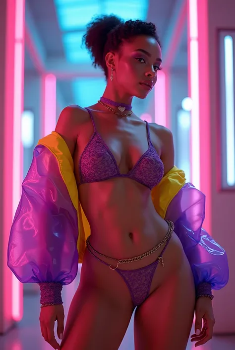 objective: (), neon orange, HyperAss Women, Milf, small , Big Ass, Sexy, Hot, short hair, very short (rococo) hair, Short clothes. with lots of bio-translucent violet and yellow inflatable parts and and puffy sleeves, Dua Lipa as Megan thee Stallion as Vix...