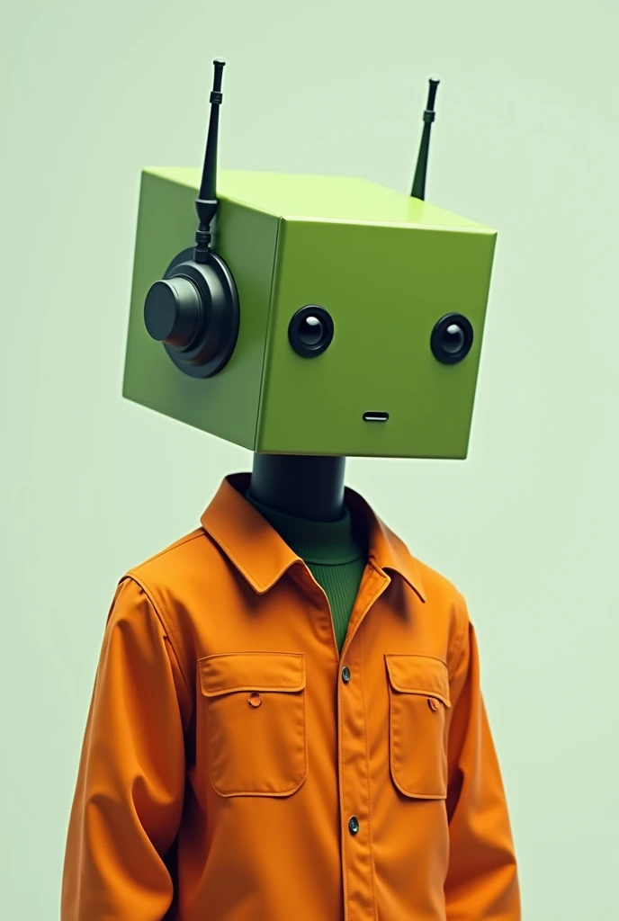 square head green face. android. antennae. Cube shape merge head. alien . green skin. Male . Cube head.cube skin , Orange wear jumpsuit. 