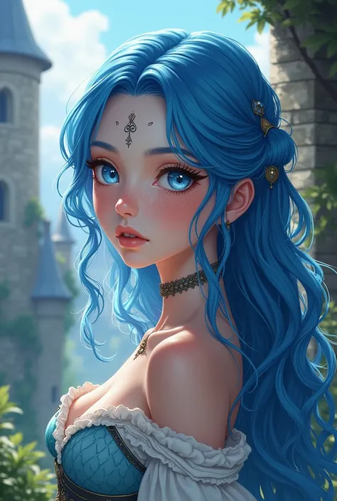 Fantasy Character. adult  woman, with blue hair and light blue eyes. Fair skin with freckles on nose and cheeks. Anime line medieval era