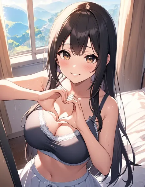 Girl, cute, adorable, smiling, from chest up, full breasts, straight hair, long hair, black hair, clear weather, sweat, sunlight, from above, looking at the camera, heart hands,
make a heart(shape) with fingers, my room, morning, bra top