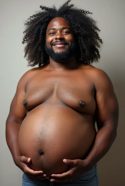 Make a black man with curly hair fat and pregnant 