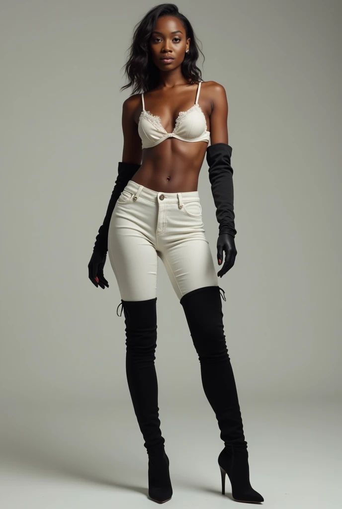 Black woman, black thigh high boots, long gloves, white pants, bra