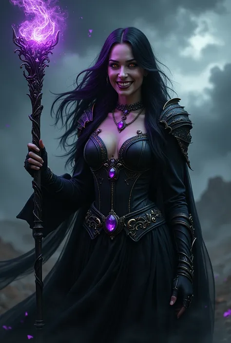 (photoralism:1.2), Very detailed, Ultra-high resolution, High Contrast, masterpiece, realistic, Scary stormy scene, pretty woman, golden eyes, black hair, frightening black dress with armor, witch, purple magic, intricate staff with purple magic, evil, com...