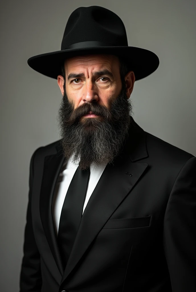 A mature Jewish man, He has a black beard, aged 50,  wears traditional Jewish clothing. He looks stern