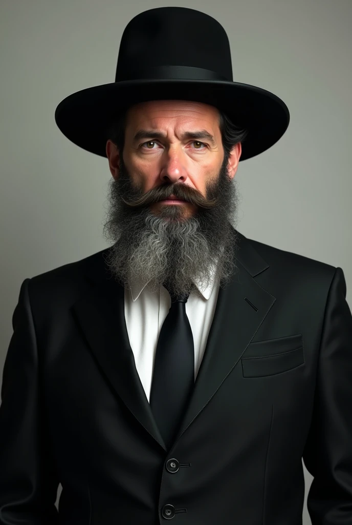 A mature Jewish man, He has a black beard, aged 50,  wears traditional Jewish clothing. He looks stern