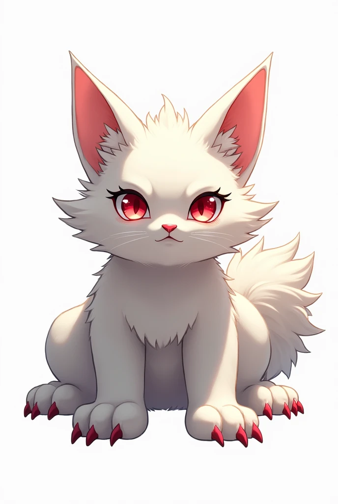 animal, big feline, anime, big ears, Red eyes, fancy, imposing, White background, bushy tail, claws with radiant light