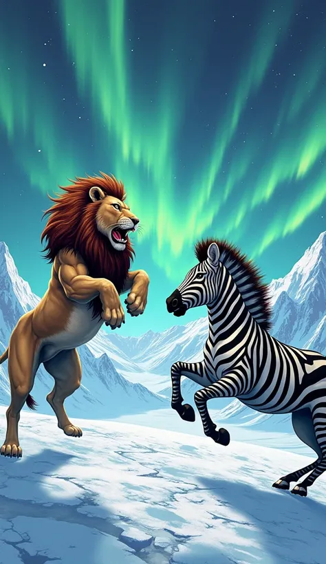 The lion jumps in the air against the background of the snowy mountains and the aurora sky, revealing its powerful body and fierce expression.   Below, a muscular zebra raising its arms in a defensive position also shows a strong expression.   The opposite...