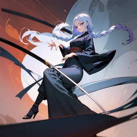 tall woman, Black blue kimono suit with a high collar that has an eye and swirl symbol, loose pants , blue eyes, White hair, long white eyelashes, turtle neck(( 12cm heels)) tall black, Curvy body, dark round cravings, Long hair, with braids, ((naginata we...