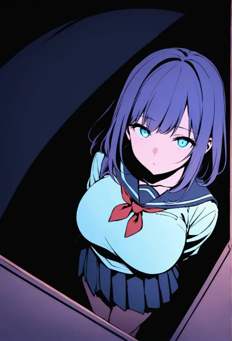 cica locked in a small room with no space, view from above, School uniform, big breasts, In the dark