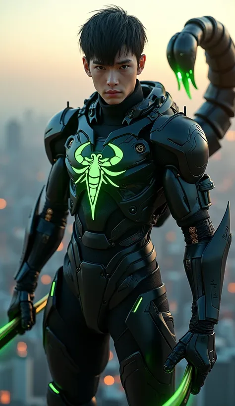 Young handsome man with short black hair and somboy style face, eyes browns, wearing black futuristic cybernetic armor with a green scorpion symbol on the chest, a cybernetic scorpion tail made of black metal with green details, holding two futuristic gree...