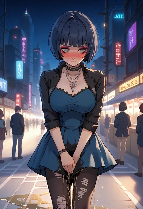 takemicasualp5, extremely detailed face, extremely detailed eyes, short hair, bob cut, very black hair, blue hair, choker, neckl...