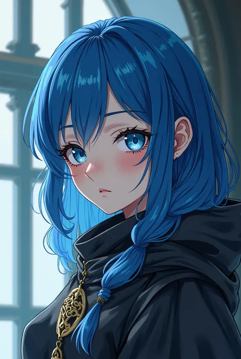 Fantasy Character. adult  woman, with blue hair and light blue eyes. Fair skin with freckles on nose and cheeks. A frightening look and expression. Woman in medieval clothing, White and black. Anime line medieval era.