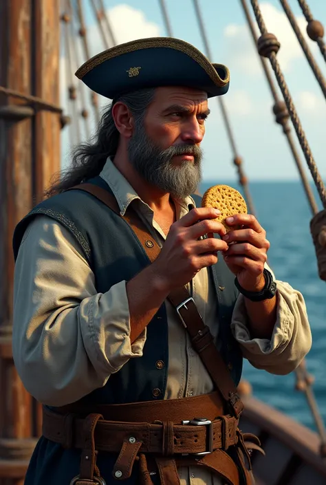 A sailor from the Age of Discovery eating a biscuit