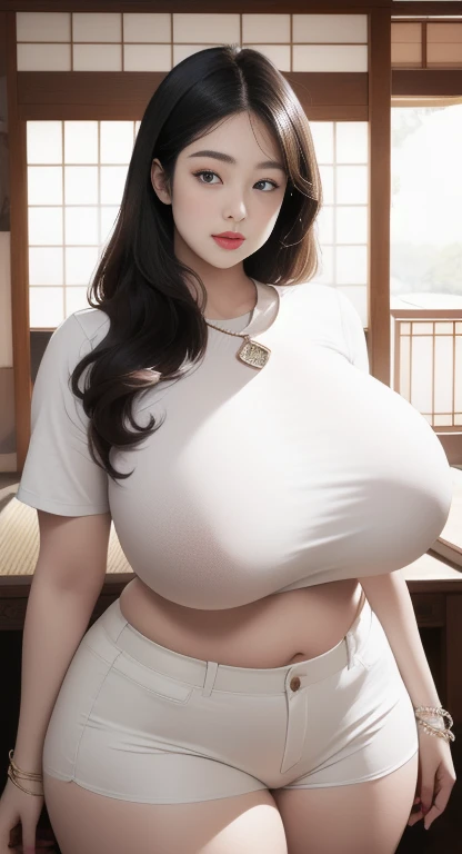 There is a woman taking a picture wearing a white shirt and white shorts., beautiful Thick female, Tsk tsk tsk, wide hips, Thick thighs, attractive plus size model, Rubenesque, Thick legs, big thighs, plus size women, 가장 wide hips, Thick body, Thick, Attra...