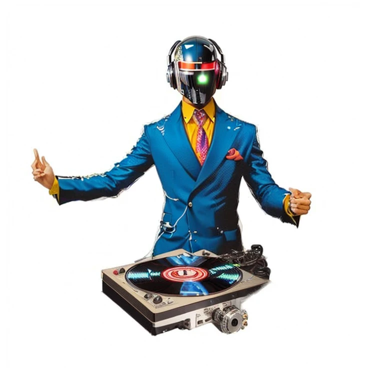 a close up of a DJ in a suit with a record player, portrait of lucha libre DJ, Wearing a disco suit, DJ set, Pictoplasm Disc, cyber songman, DJ, Daft punk style, Stylish God, Turntablist, turntablism DJ scratching, Electronic Music, Psychedelic Hip Hop, Ps...