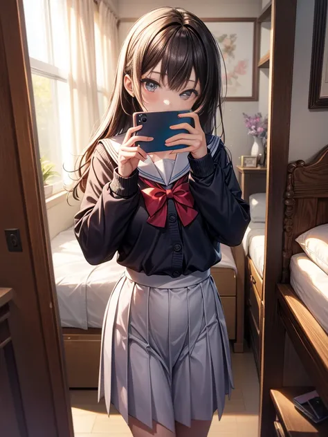 masterpiece, best quality, high quality, detailed, ultra detailed, hyper detailed, insanely detailed, exquisite, beautiful, FHD, Full-HD, 4K, 8K, 16K, highres, absurdres, A detailed illustration of a girl taking a selfie in front of a mirror. She is wearin...