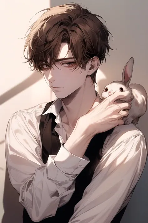 (Masterpiece), (Best Quality), Very detailed, ((a pale guy )), Perfect Face, Beautiful Face, Very detail, (short brown-haired man), (brown eyes), (harems)、white shirt, white rabbit, stunning, blood stained, ssad exspression, open shirt, cold shadow, shadow