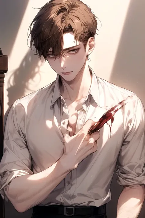 (Masterpiece), (Best Quality), Very detailed, ((a pale guy )), Perfect Face, Beautiful Face, Very detail, (short brown-haired man), (brown eyes), (harems)、white shirt, white rabbit, stunning, blood stained, ssad exspression, open shirt, cold shadow, shadow