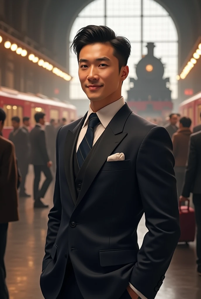 man, short black hair, closed smile, dressed in an elegant suit, full body, in a train station, looking at the camera, a locomotive behind, photorealistic