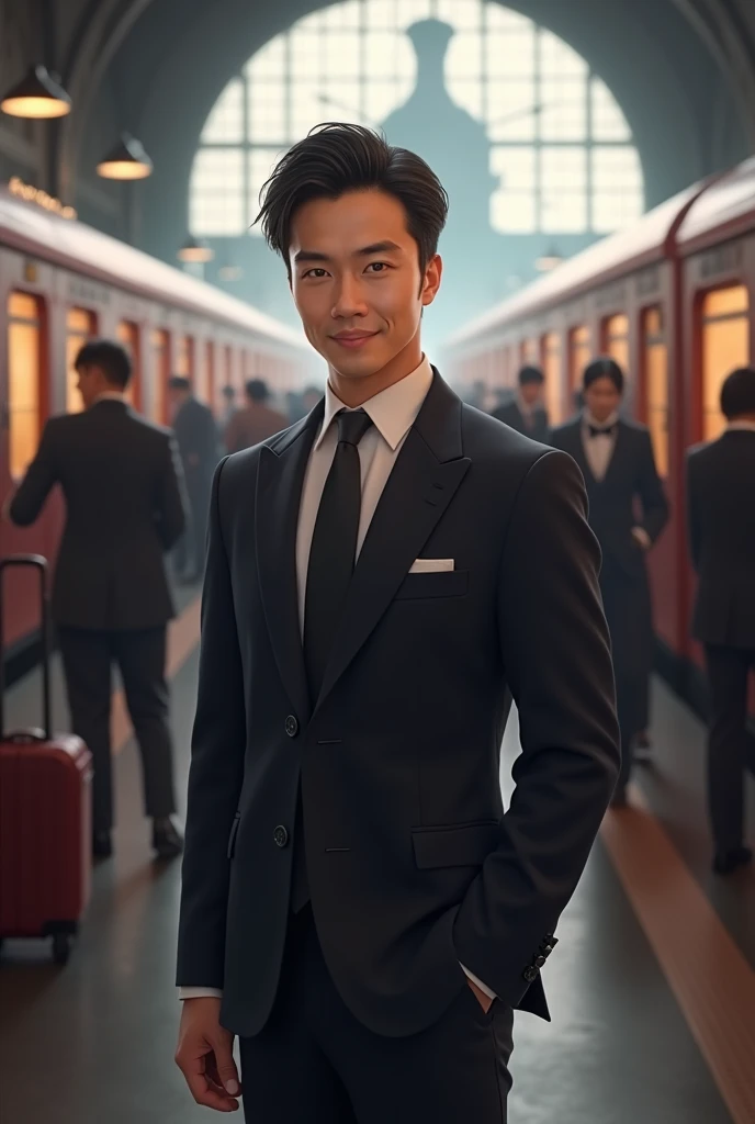 man, short black hair, closed smile, dressed in an elegant suit, full body, in a train station, looking at the camera, a locomotive behind, photorealistic