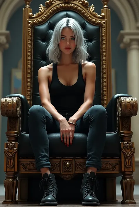 A woman in her 25s with shoulder-length silver layered hair, green eyes defiant smile,expresso traversa, defined body ,wearing a black tank top and tight jeans with combat boots ,SITTING ON A THRONE