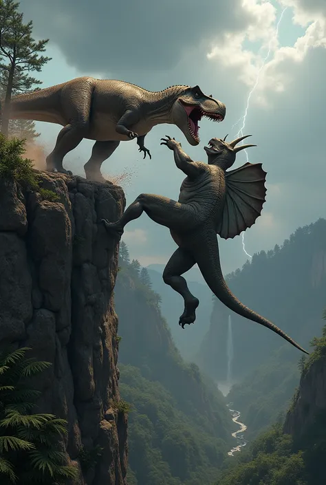 Tyrannosaurus falling off a cliff while fighting a Triceratops 